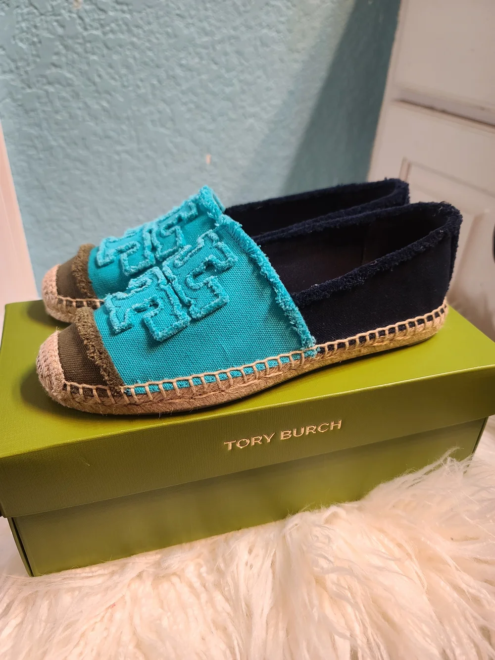 Tory Burch Turquoise and Navy Canvas Espadrille Slip-On with Embroidered Logo